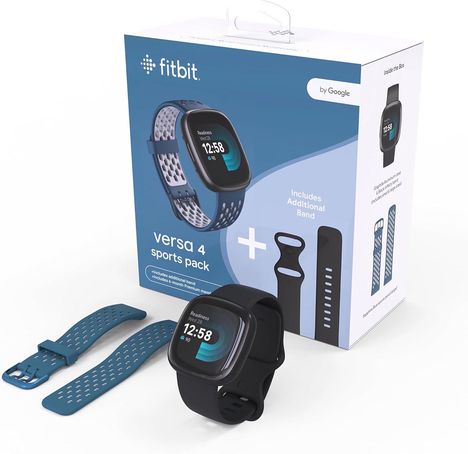 Fitbit Versa 4 Fitness Smartwatch with Daily Readiness, GPS, 24/7 Heart Rate, 40+ Exercise Modes, Waterfall Blue/Platinum, One Size (S & L Bands Included) + Sports Strap Bundle Fitbit Versa 4 Fitness Smartwatch with Daily Readiness, GPS, 24/7 Heart Rate, 40+ Exercise Modes, Waterfall Blue/Platinum, One Size (S & L Bands Included) + Sports Strap Bundle