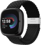 Braided Bands Compatible with Fitbit Versa 4 – Stretchy Nylon Strap for Fitbit Versa 3/Sense 2/Sense1 Sport Wristband with Stainless Steel Clasp for Women Men, Durable, Breathable